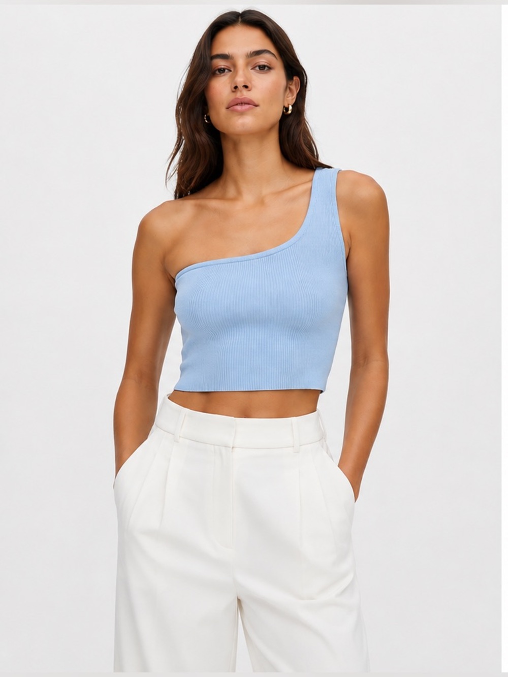 Babaton Aritzia Sculpt Knit One-Shoulder Cropped Tank Top Light Blue Size Medium